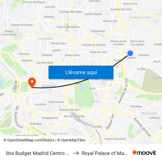 Ibis Budget Madrid Centro Las Ventas to Royal Palace of Madrid Park map