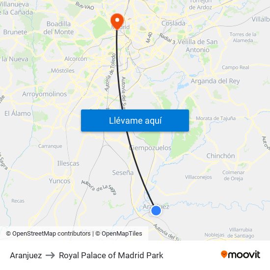 Aranjuez to Royal Palace of Madrid Park map