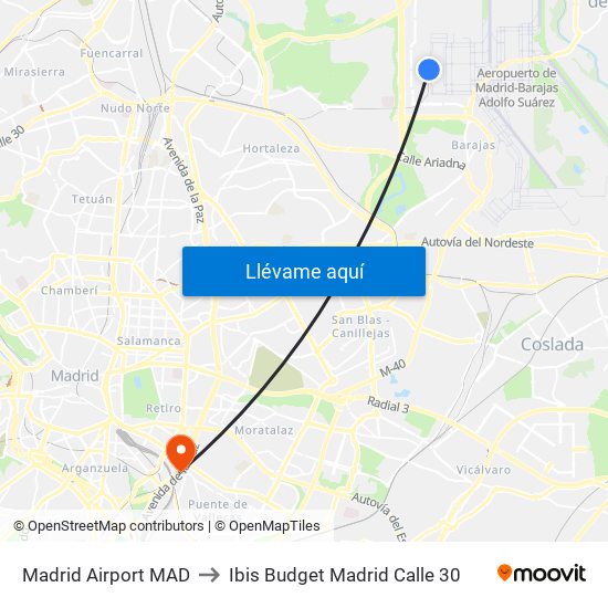 Madrid Airport MAD to Ibis Budget Madrid Calle 30 map