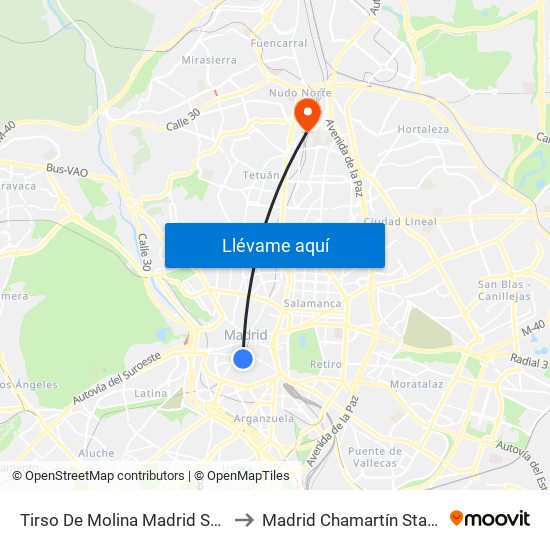 Tirso De Molina Madrid Spain to Madrid Chamartín Station map