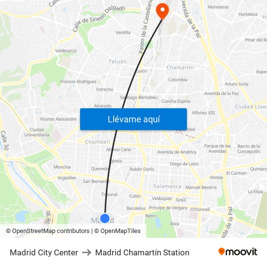 Madrid City Center to Madrid Chamartín Station map