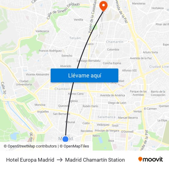 Hotel Europa Madrid to Madrid Chamartín Station map