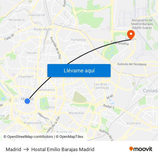 Madrid to Hostal Emilio Barajas Madrid map
