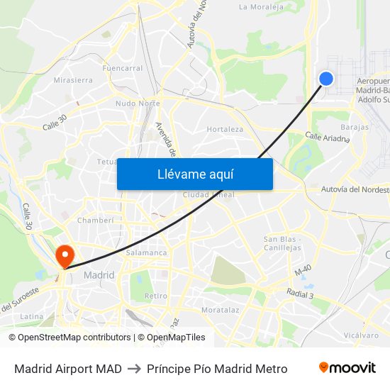 Madrid Airport MAD to Príncipe Pío Madrid Metro map