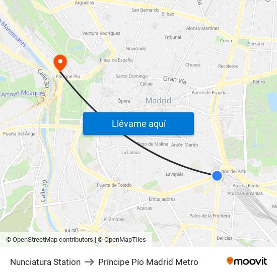 Nunciatura Station to Príncipe Pío Madrid Metro map