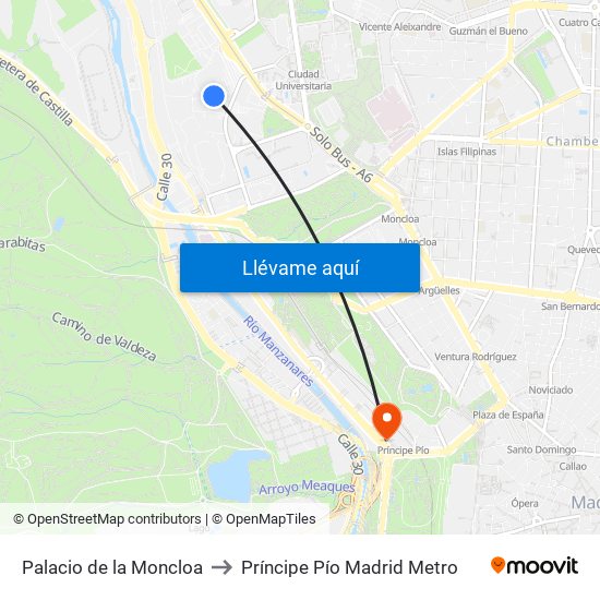 Palacio de la Moncloa to Príncipe Pío Madrid Metro map