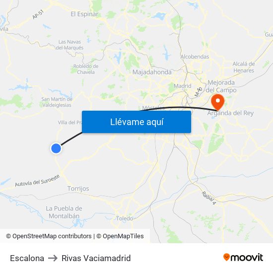 Escalona to Rivas Vaciamadrid map