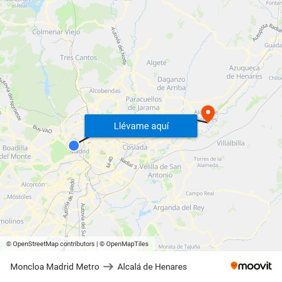Moncloa Madrid Metro to Alcalá de Henares map