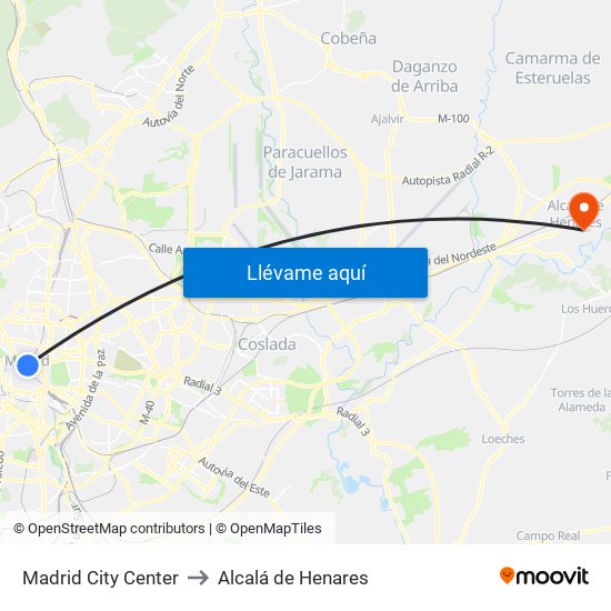 Madrid City Center to Alcalá de Henares map