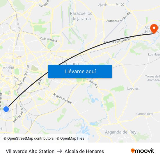 Villaverde Alto Station to Alcalá de Henares map