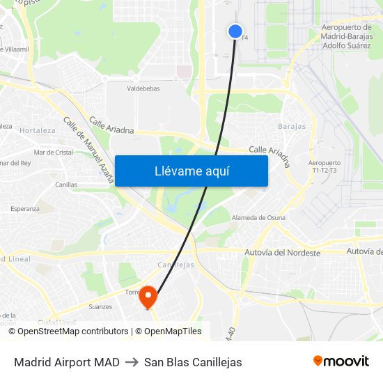 Madrid Airport MAD to San Blas Canillejas map