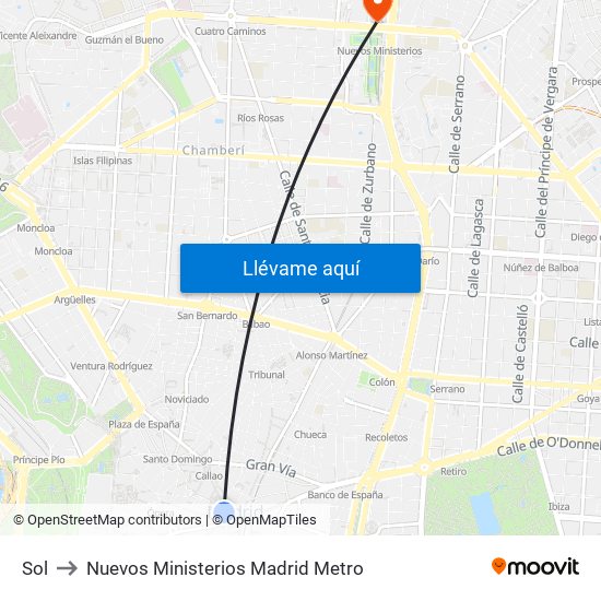 Sol to Nuevos Ministerios Madrid Metro map