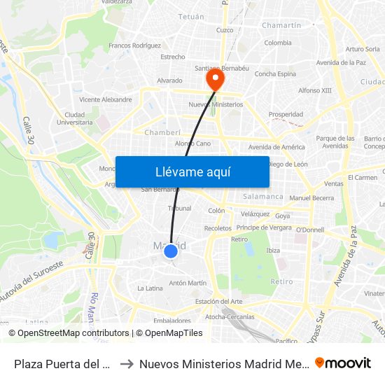 Plaza Puerta del Sol to Nuevos Ministerios Madrid Metro map