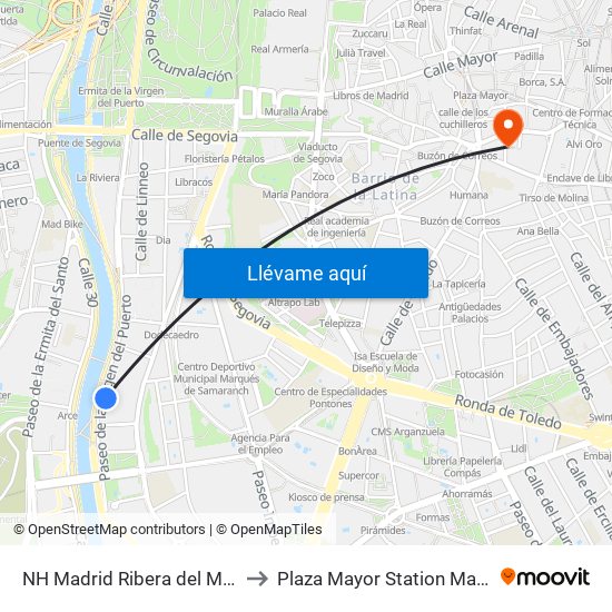 NH Madrid Ribera del Manzanares to Plaza Mayor Station Madrid Spain map