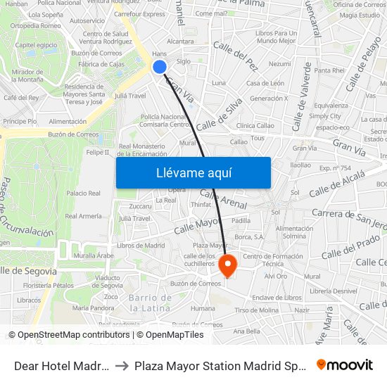 Dear Hotel Madrid to Plaza Mayor Station Madrid Spain map