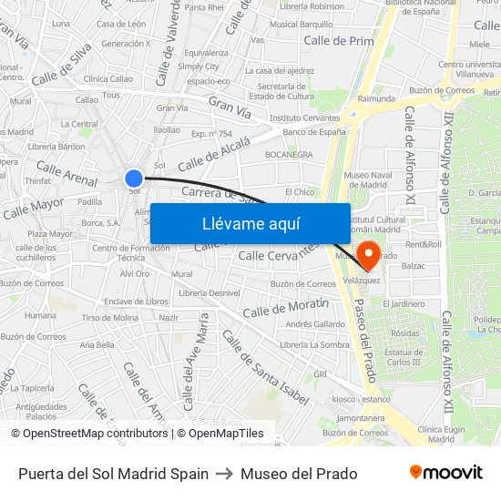 Puerta del Sol Madrid Spain to Museo del Prado map
