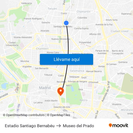 Estadio Santiago Bernabéu to Museo del Prado map