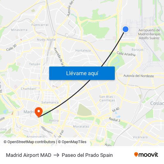 Madrid Airport MAD to Paseo del Prado Spain map