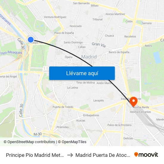 Príncipe Pío Madrid Metro to Madrid Puerta De Atocha map