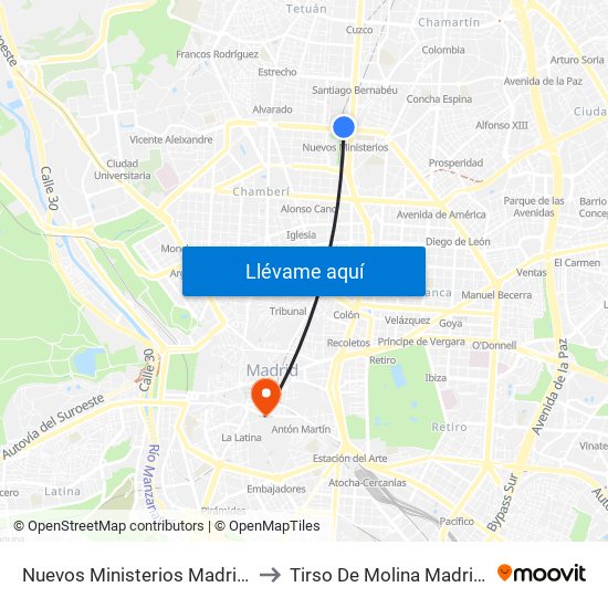 Nuevos Ministerios Madrid Metro to Tirso De Molina Madrid Spain map
