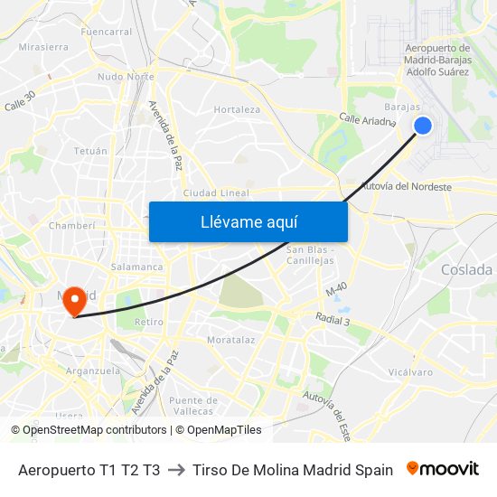 Aeropuerto T1 T2 T3 to Tirso De Molina Madrid Spain map