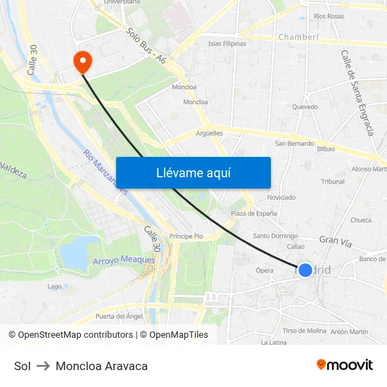 Sol to Moncloa Aravaca map