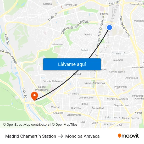 Madrid Chamartín Station to Moncloa Aravaca map