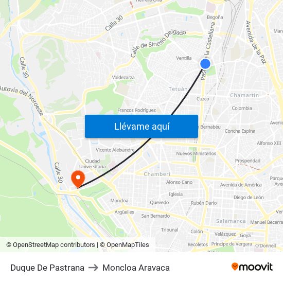 Duque De Pastrana to Moncloa Aravaca map