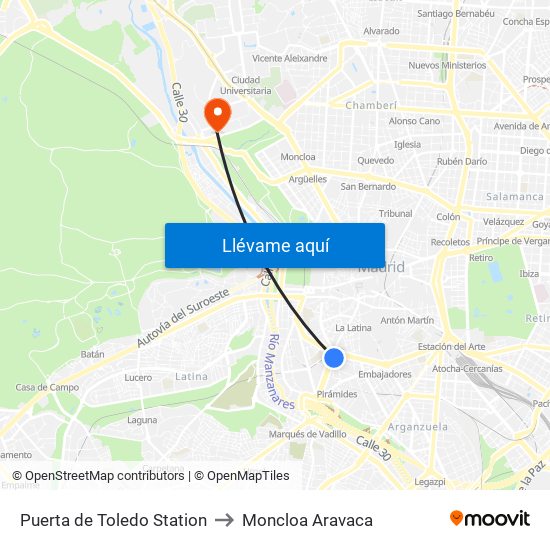 Puerta de Toledo Station to Moncloa Aravaca map