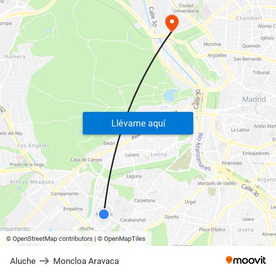 Aluche to Moncloa Aravaca map