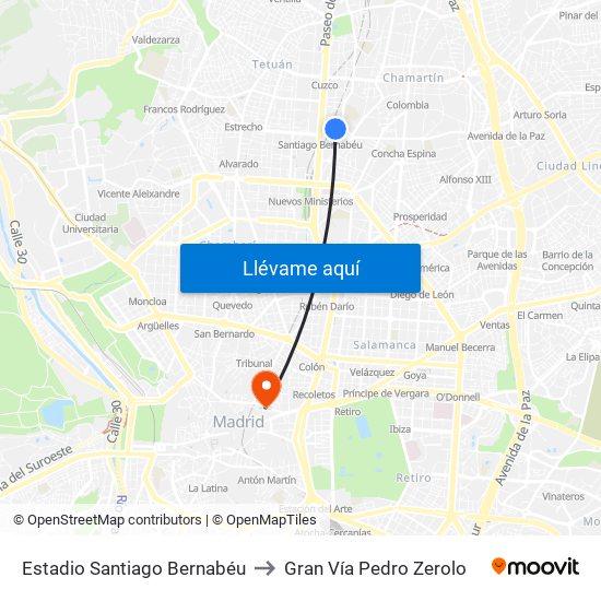 Estadio Santiago Bernabéu to Gran Vía Pedro Zerolo map