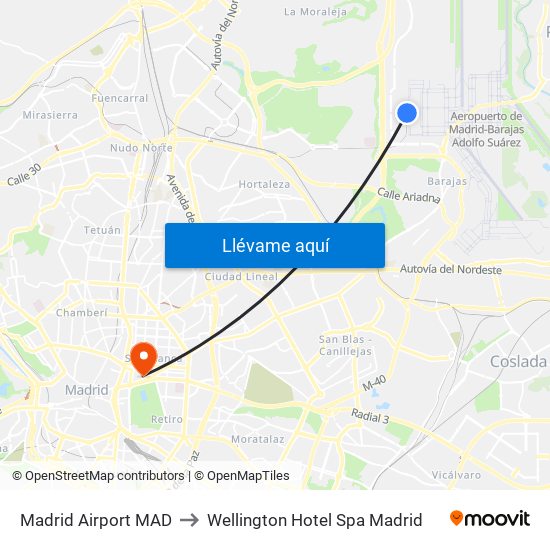Madrid Airport MAD to Wellington Hotel Spa Madrid map