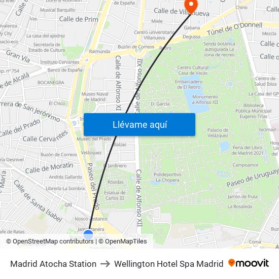 Madrid Atocha Station to Wellington Hotel Spa Madrid map