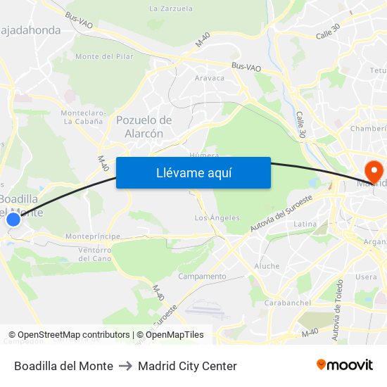 Boadilla del Monte to Madrid City Center map