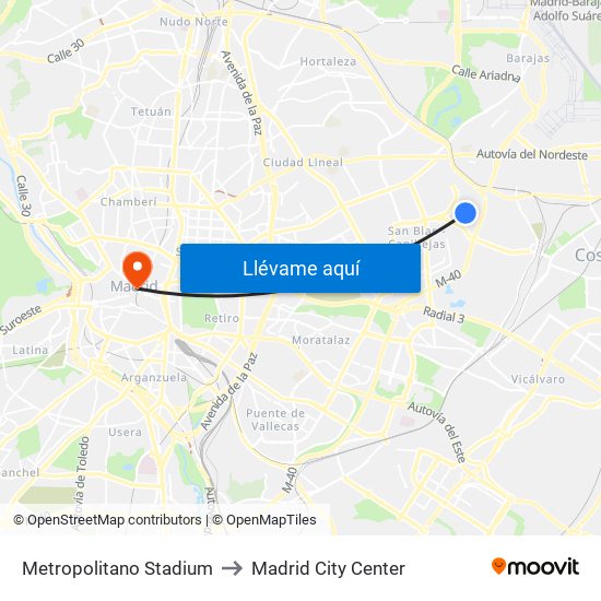 Metropolitano Stadium to Madrid City Center map