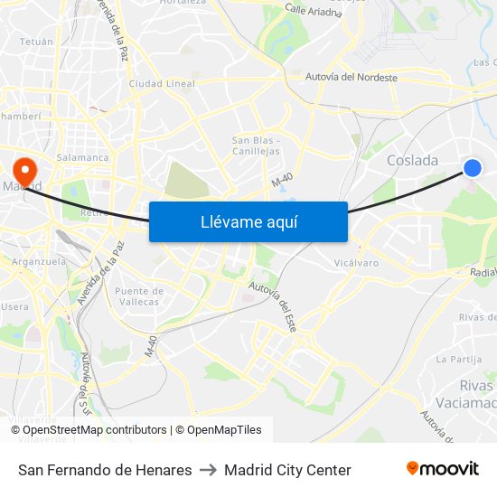 San Fernando de Henares to Madrid City Center map