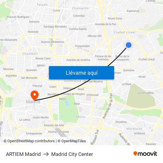 ARTIEM Madrid to Madrid City Center map