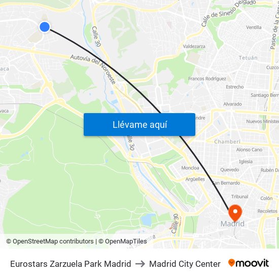 Eurostars Zarzuela Park Madrid to Madrid City Center map