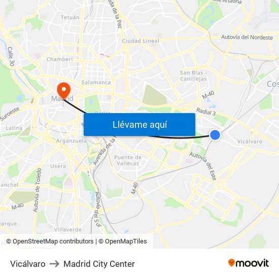 Vicálvaro to Madrid City Center map