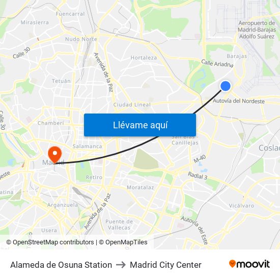 Alameda de Osuna Station to Madrid City Center map