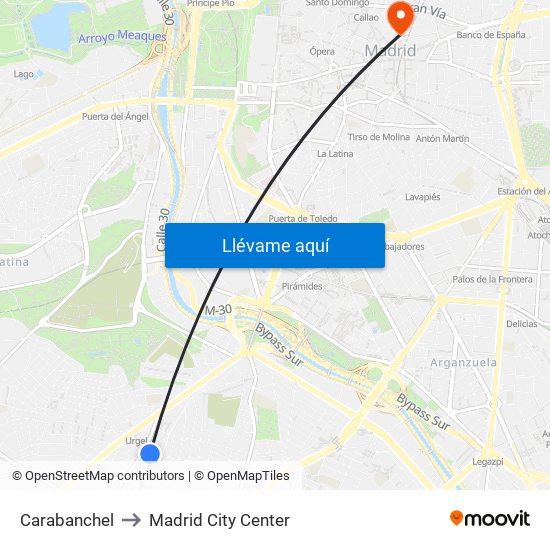 Carabanchel to Madrid City Center map