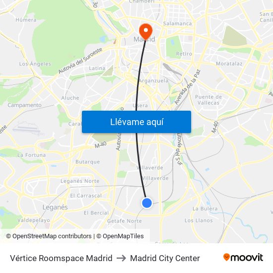 Vértice Roomspace Madrid to Madrid City Center map