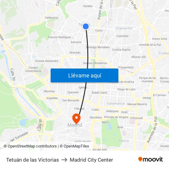 Tetuán de las Victorias to Madrid City Center map