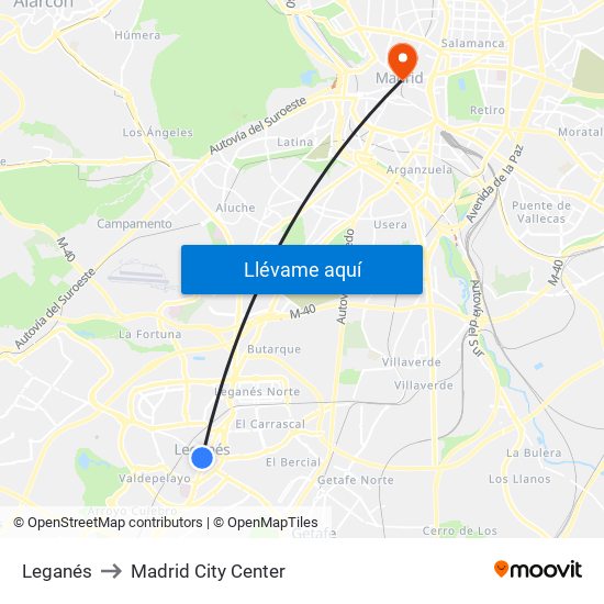 Leganés to Madrid City Center map