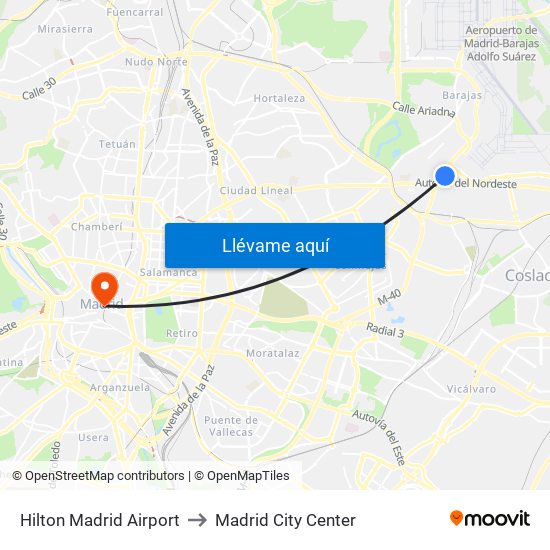 Hilton Madrid Airport to Madrid City Center map