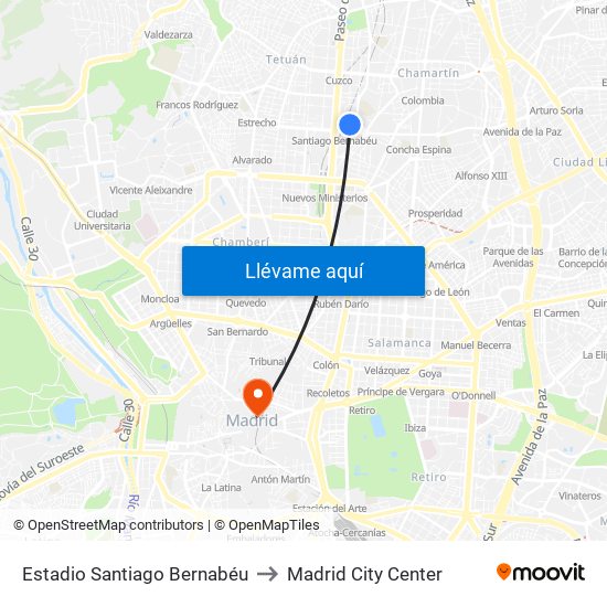 Estadio Santiago Bernabéu to Madrid City Center map