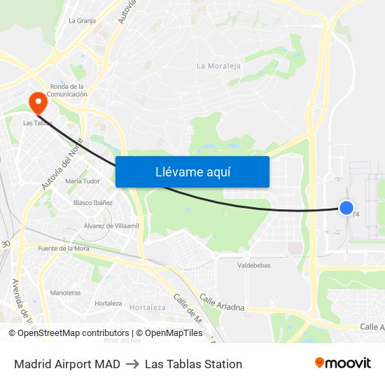 Madrid Airport MAD to Las Tablas Station map