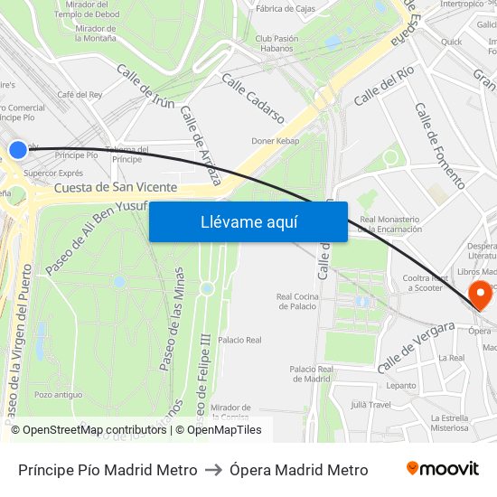 Príncipe Pío Madrid Metro to Ópera Madrid Metro map