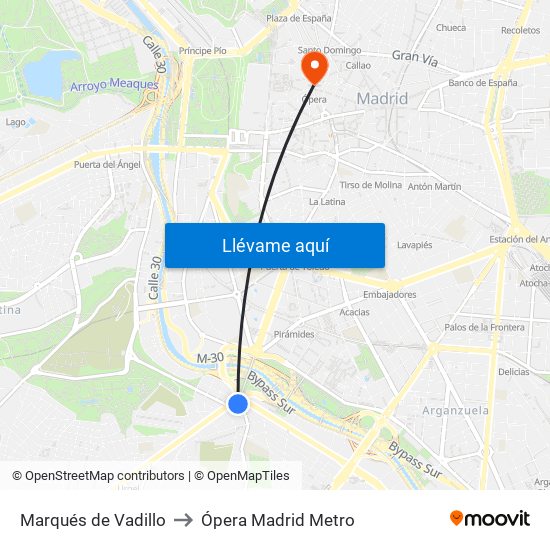 Marqués de Vadillo to Ópera Madrid Metro map