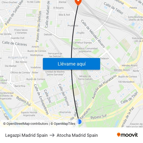 Legazpi Madrid Spain to Atocha Madrid Spain map